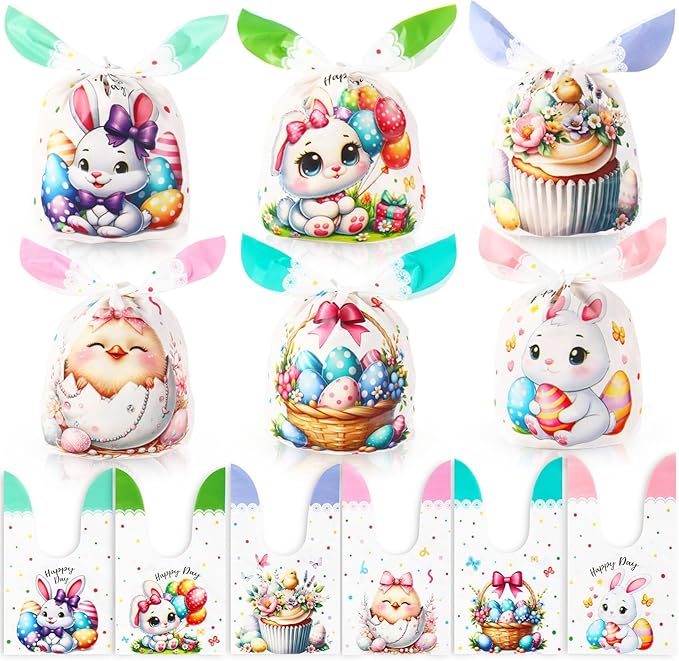 Easter Goodies Bags, Happy Easter Gift Bags, 100 Pcs Cute Bunny Plastic Treat Candy Cookie Snack Goody Reusable Bag for Gifts Wrapping Spring Holiday Easter Party Favor Decorations Supplies 6 Designs