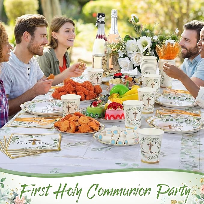 Pickmesh 194 Pcs God Bless Baptism Party Decoration Boy 24, Sage Green Baptism Paper Plate Napkin Cup Tablecloth Cutlery First Holy Communion Disposable Tableware for Christening Baby Shower Supplies
