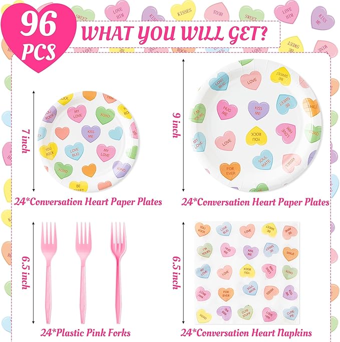 Conversation Heart Valentine's Day Candy Party Plates Supplies - Serves 24 - 96Pcs Party Tableware Decoration Disposable Paper Plates Napkins Forks for Valentine Birthday Wedding