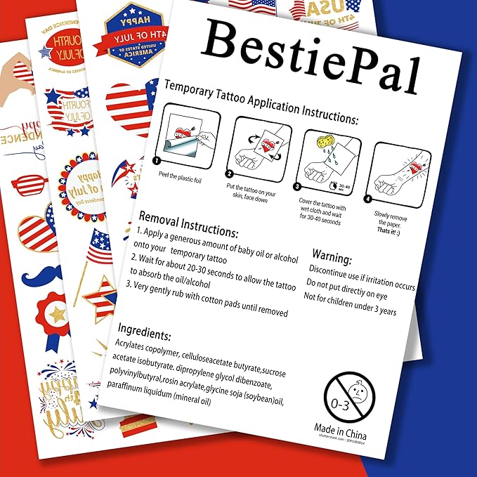 110Pcs 4th of July Temporary Tattoos, 4 Sheets Patriotic Party Face Body Decorations, USA Flag Independence Day 4th of July Temporary Tattoo Stickers for Kids Adults, Fourth of July Temporary Tattoos