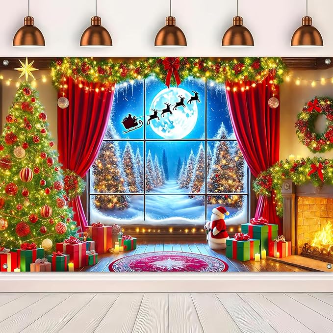 Merry Christmas Backdrop 71x43 Inch Winter Forest Photography Banner with Santa Sleigh Fireplace Moon Scene and Red Curtain Decorations for Holiday Party Wall Display