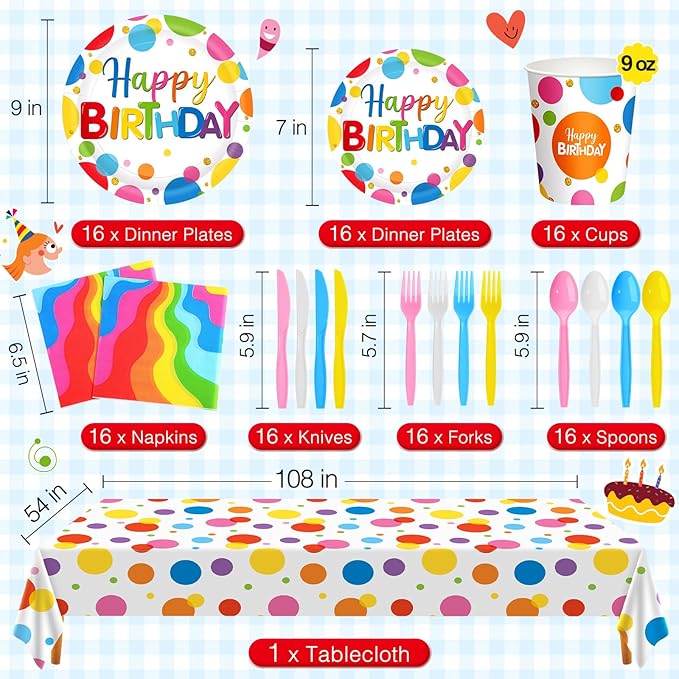 Zhehao Serves 129 Pcs Happy Birthday Party Supplies Set with Plates Napkins Cups Cutlery Rainbow Dot Birthday Decorations Kit Banner Tablecloth Hanging Honeycomb Balls Garland for Birthday Party