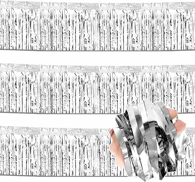 3 Pack 10 Ft Silver Foil Fringe Garland Metallic Streamers Tinsel Banner Wall Hanging Garland Backdrop for Parade Floats, Halloween, Christmas, Thanksgiving, New Year Party Decorations