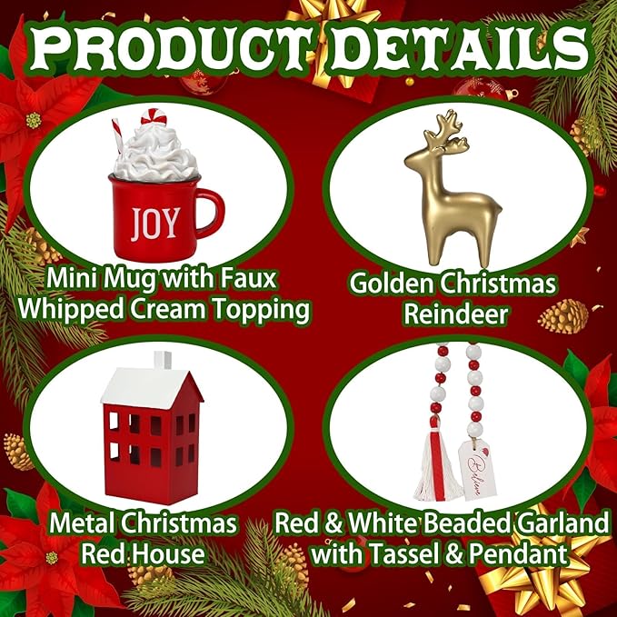 Christmas Decorations 8 PCS Tiered Tray Decor Set, Cute Tabletop Christmas Decor for Home Shelf Mantel Fireplace Office Desk Coffee Bar Xmas Table Centerpieces Tray Objects Holiday Decoration Set