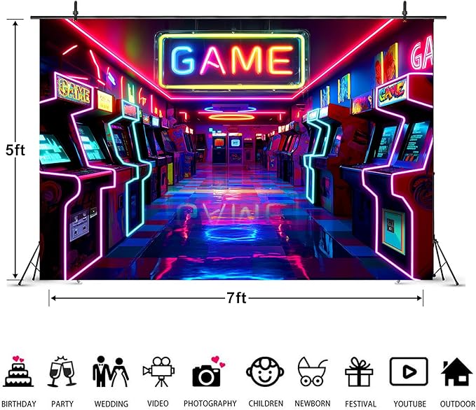 Imirell Arcade Game Neon Backdrop 7Wx5H Feet Retro Gaming Gamer Themed Colorful Glow Polyester Fabric for Kids Teen Boy Playroom Game Center Photography Backgrounds Photo Shoot Decor Props Decoration