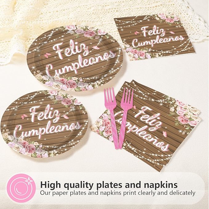 96Pcs Pink Feliz Cumpleaños Party Decorations Pink Wooden Floral Plates and Napkins Mexican Fiesta Birthday Tableware Set for Girls Women Mother's Day Mexico Spanish Birthday Party Supplies, Serves 24