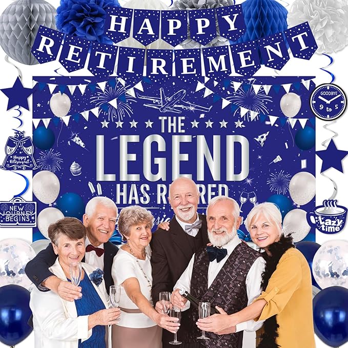 Retirement Party Decorations Blue Silver Happy Retirement Decorations for Men Women, Happy RetIrement Banner, Retired Backdrop, Balloons, Pompoms, Hanging Swirls, Retired Cards, Cake Toppers Set 54pcs
