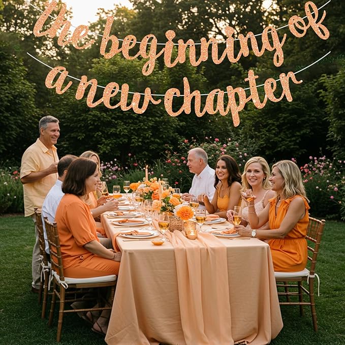 BEISHIDA Glitter Light Orange The Beginning of A New Chapter Banner,Pre-Strung Farewell Book Themed Housewarming Party Congratulations Decorations,Going away party Garland,Graduation Sign 2026 Banner,retirement Supplies