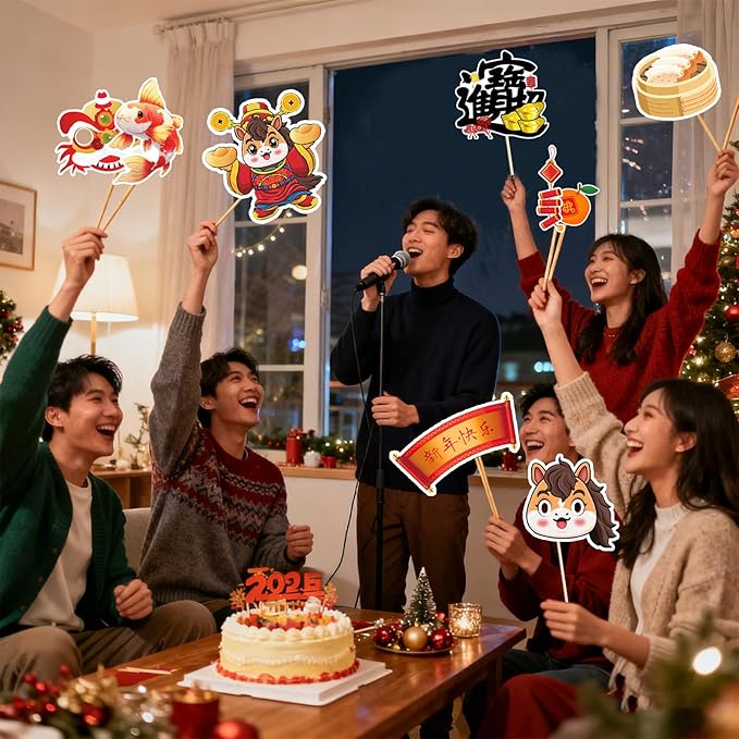 24PCS Chinese New Year Photo Booth Props,Chinese New Year Decoration 2026,Lunar New Year Decorations,Horse Year Paper Photo Props for Spring Festival Lunar New Year Present Game Party Supplies