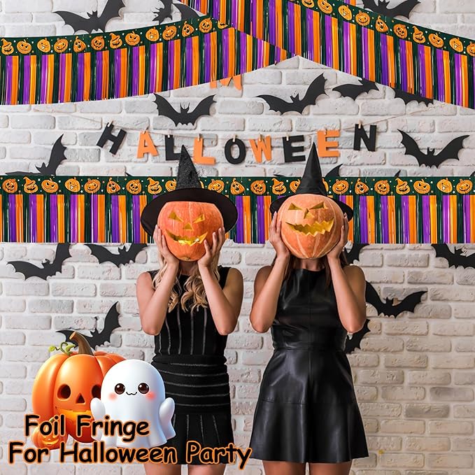 4 Pack 39Ft Halloween Parade Floats for Trailer Car, Pumpkin Foil Fringe Garland Tinsel Streamers Banner Table Skirts for Graduation Homecoming Birthday Halloween Party (Pumpkin)