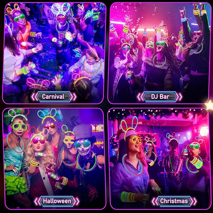 Glow in the Dark Supplies for Kids Adults, Light Up Party Favors, 56 LED Light Up Toys, 100 Glow Sticks Bulk Party Pack DIY Glasses Headbands Necklaces for Neon Party Supplies & Decorations