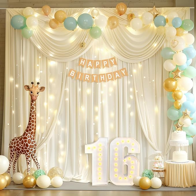 20x10FT Beige Backdrop Curtains with Lights for Parties,Wrinkle Free Wedding Photo Backdrop Curtains for Baby Shower Birthday Ceremony Reception Home Party Decorations-5ft x 10ft,4 Panels