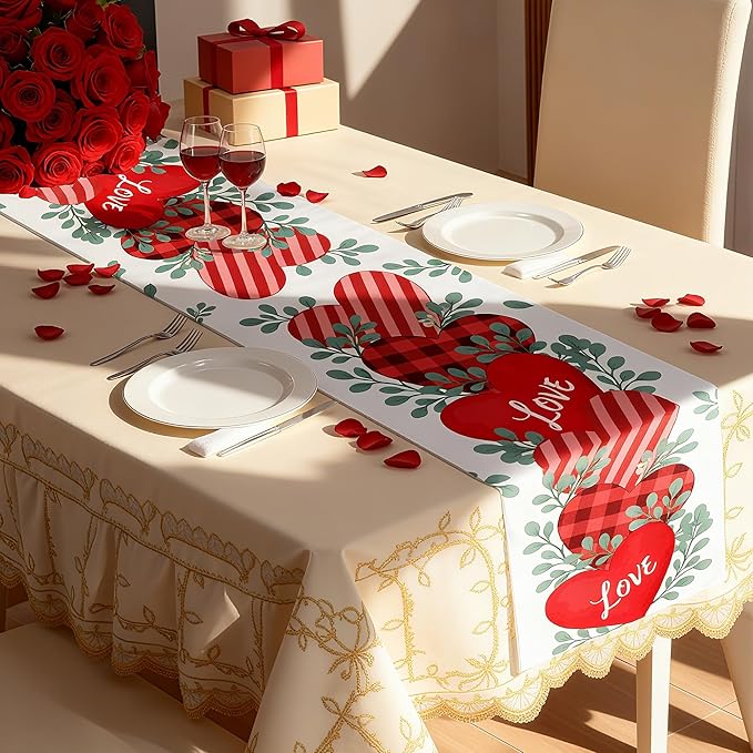 Valentines Day Decorations - Heart Table Runner | Valentines Day Decor Party Supplies Favors - Galentines Day Decorations Holiday Banner for Home Kitchen Office