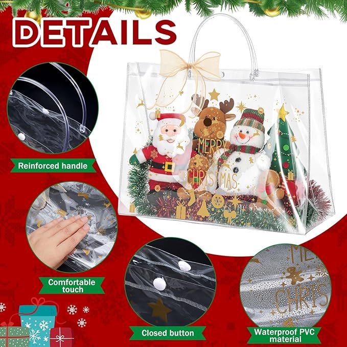 Henoyso 8 Pcs Christmas Clear Gift Bags Plastic Candy Treat Goodie Bags Red Foil Santa PVC Wrap Totes with Handles and Ribbon Xmas Party Favors (Christmas Tree,Bells,16x 6x 12 Inch)