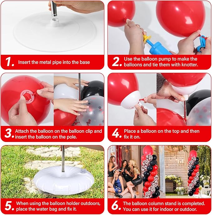 2 Sets Red and Black Balloon Column Stand Kit with 100 Balloons Adjustable Balloon Tower Stand with Bases for Floor Confetti Balloons Column Kit for Graduation Birthday Appreciation Party Decor