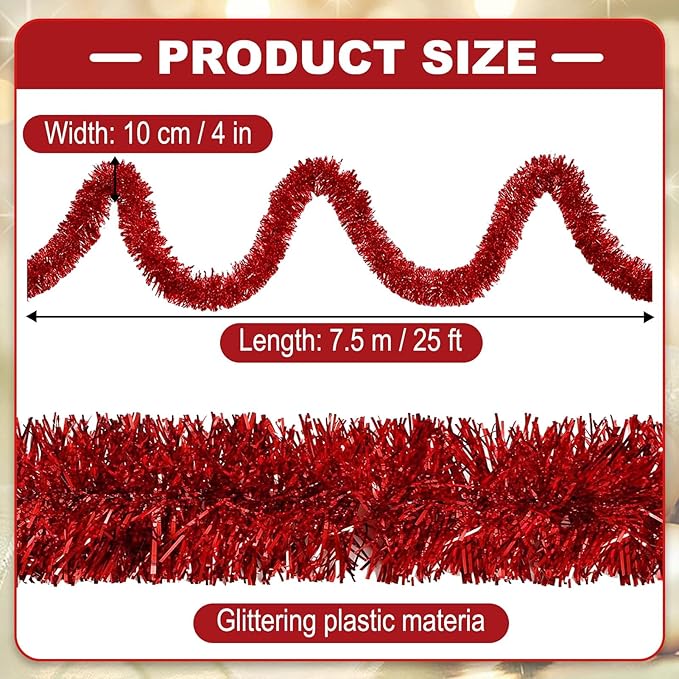 25 Feet Christmas Tinsel Garland, Metallic Twist Garland Wall Hanging Tinsel Garland Backdrop for Parade Floats, Carnival, Birthday, Wedding, New Year Party Decorations (Red, 4in x 25ft)