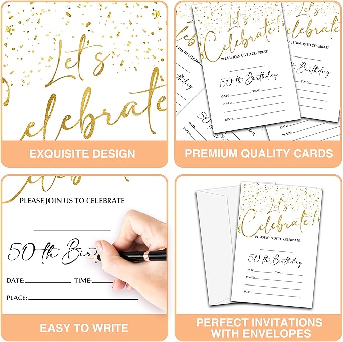 50th Birthday Invitations Cards, 4"x 6" White and Gold Confetti Birthday Party Invites with Envelopes for Party Decorations Supplies(20 Pieces) -D13