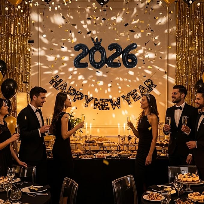 TONIFUL 2026 Black Crown Foil Number Balloons 16 Inch Black Number Banner 2026 Graduation Aluminum Foil Mylar Balloons for New Year Eve Christmas Anniversary Party Supplies