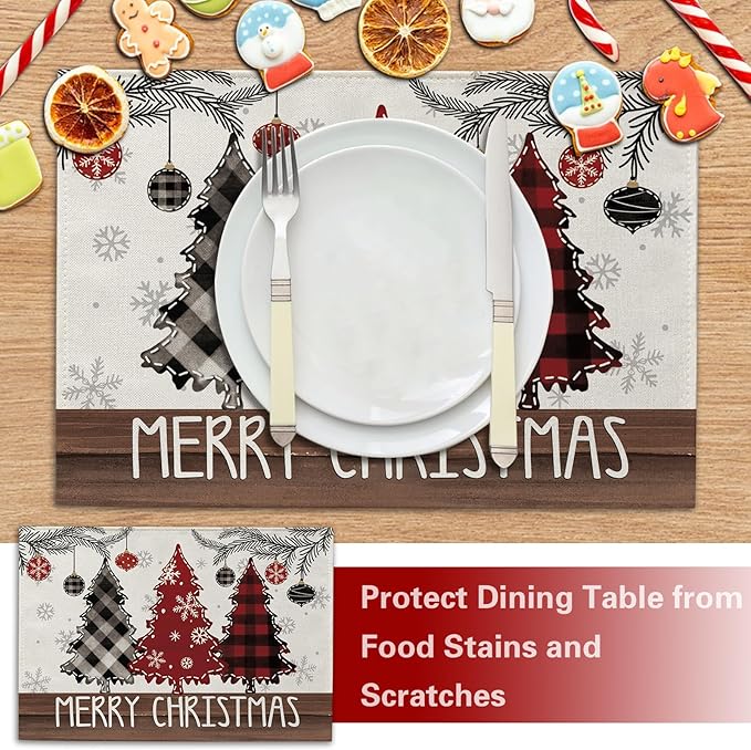 Merry Christmas Tree Placemats Set of 4, Xmas Red Black Buffalo Plaid Snowflake Farmhouse Dining Place Mats Table Decor, Rustic Winter Holiday Balls Home Kitchen Decoration 12 x 18 Inches