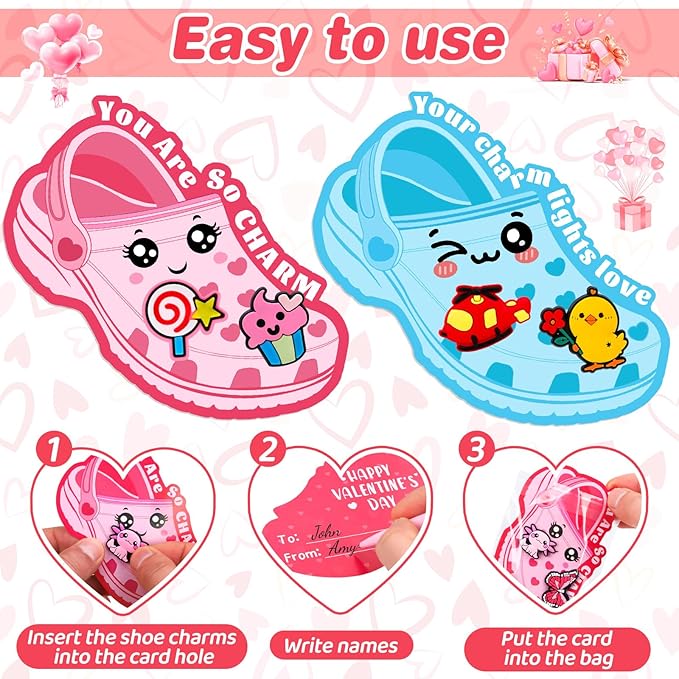 152 Pcs Valentines Day Cards Sets for Kids School Valentines Classroom Gifts for Kids 50 Pcs Bulk Exchange Card with 102 Pcs Shoe Charms for Boys Girls Toddlers Valentine Party Class Favors