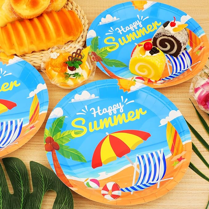 Wiooffen 48 Pcs Summer Beach Party Plates 7inch Birthday Party Disposable Paper Dessert Plate Supplies Decorations Beach Theme Plates Tableware for Birthday Baby Shower