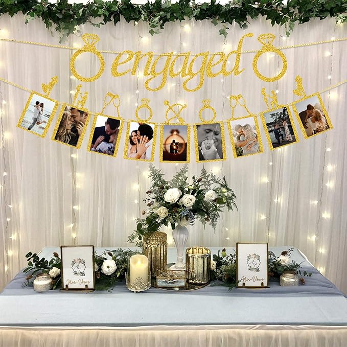 Engagement Wedding Decorations, Gold Engaged Banner and Photo Banner with Romantic Memories Picture Card Frames for Engaged/Wedding/Anniversary/Valentines Day Party