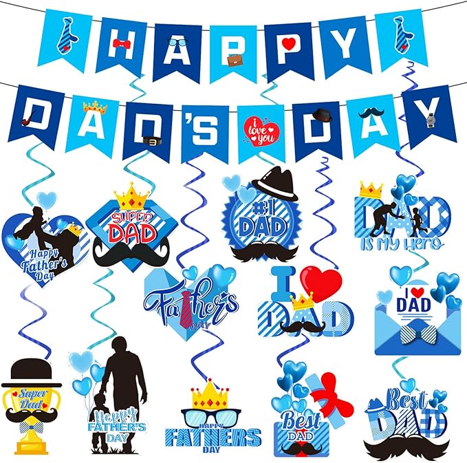 Father's Day Decorations – 1PCS Happy Father's Day Banner & 12PCS Hanging Swirls for Father’s Day Party Supplies