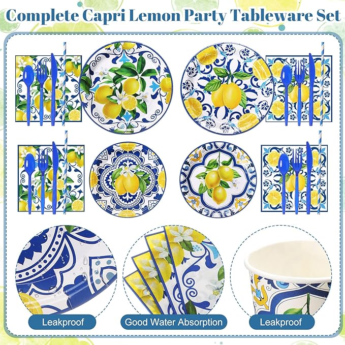 450 Pcs Capri Lemon Party Tableware Set Decorations Mediterranean Blue and Yellow Paper Plates Napkins Cups Cutlery Straws for Summer Birthday Wedding Baby Bridal Shower Supplies, Serves 50