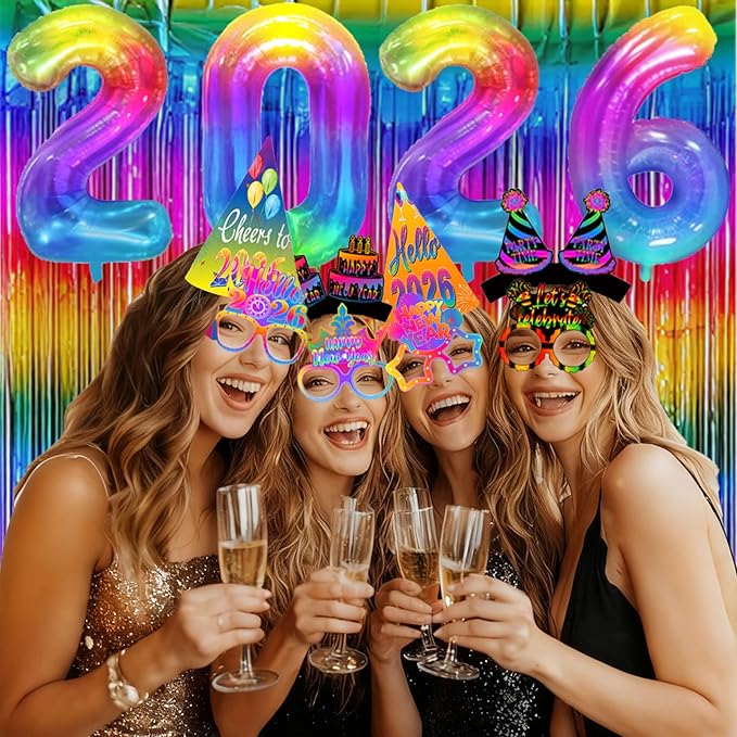 New Years Eve Party Supplies 2026 New Year Party Decorations Happy New Year Banner 2026 Foil Balloons Colorful Fringe Curtain Glasses Headbands Hats Noisemakers Wrist Wreaths New Year's Party Favors