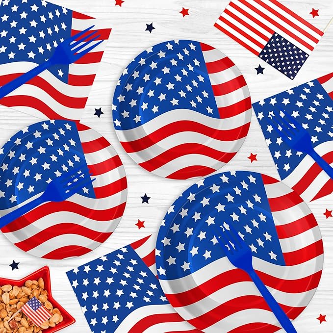 American Flag Patriotic Party Supplies - 4th of July Paper Plates, Napkins and Forks Set, Disposable Dinner Dessert Plates and Napkins for Memorial Day Independence Day Table Decorations, Serves 24