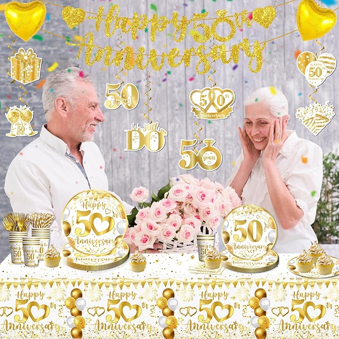 cocomigo 162pc 50th Anniversary Decorations - Tableware Set with Plates, Napkins, Banner, Tablecloth, Balloons - Serves 25