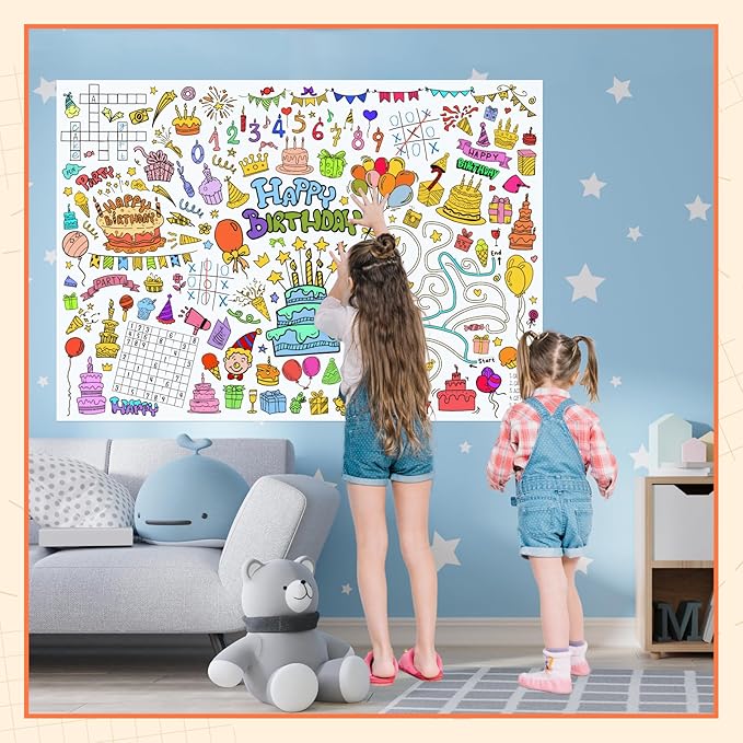 GWHOLE Happy Birthday Coloring Tablecloth, 40x28 Inch Coloring Poster Coloring Table Cloth for Kids Gift Birthday Parties, Classroom Activities