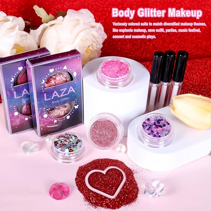 Laza 2 Jars Body Glitter for Valentine’s Day Hair Accessories Heart Glitter Chunky Sequins with Glitter Glue for Women Eyeshadow Makeup Face Paint Festival Rave Outfits Party Costumes - Crush