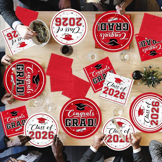 Graduation Party Plates and Napkins Red Class of 2026 Grad Congrats Party Supplies Disposable Dessert Paper Plates Cocktail Napkins forGraduation Party Decorations,Serve 50