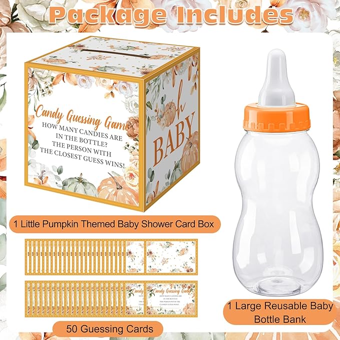 Glenmal 52 Pcs Baby Shower Games Gift Sets Large Baby Bottle for Shower Game Guess How Many Candies Decorations for Gender Reveal(Little Pumpkin)