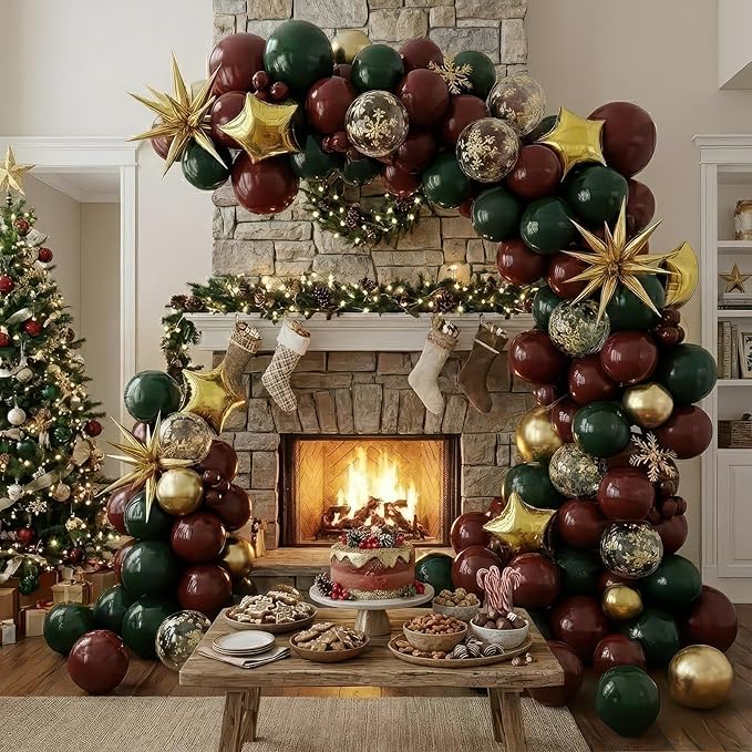 Winter Christmas Garland decorations with Maroon Hunter Green Gold confetti Balloon arch & Foil Star balloons & Artificial Snowflake Xmas Garland for wine red friendsmas new year party decorations