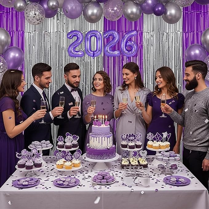 TONIFUL 2026 Purple Foil Number Balloons 16 Inch Purple Number Banner 2026 Graduation Aluminum Foil Mylar Balloons for New Year Eve Christmas Anniversary Party Supplies