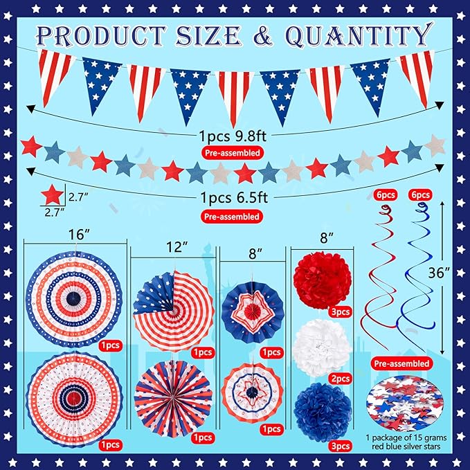 29PCS 4th/Fourth of July Patriotic Decorations Set - Red White Blue Paper Fans,USA Flag Pennant,Star Streamer,Pom Poms,Hanging Swirls Party Decor Supplies