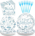 96Pcs Blue Safari Animals Baby Shower Decorations Toile De Jouy Plates and Napkins Baby is on The Way Tableware for Chinoiserie Baby Shower Gender Reveal Party Supplies Serves 24