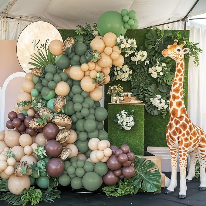 Green and Brown Balloon Arch Garland Kit, Sage Green Deer Print Gold Confetti Balloons Garland Kit with Deer Animal Balloons for Woodland Baby Shower Safari Theme Birthday Party Decorations