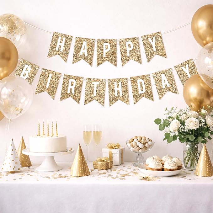 Pre-strung Happy Birthday Banner - No DIY - Gold Glitter Birthday Party Banner - Pre-strung Garland on 6 ft Strands - Gold Bday Party Decorations & Decor. Did We Mention No DIY