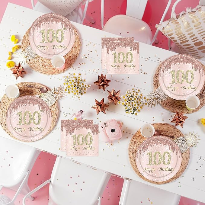 100th Rose Gold Birthday Plates and Napkins, 9 Inch Pink Rose Gold Disposable Dinner Dessert Plates Happy 100th Birthday Party Supplies Decorations for Girls Women