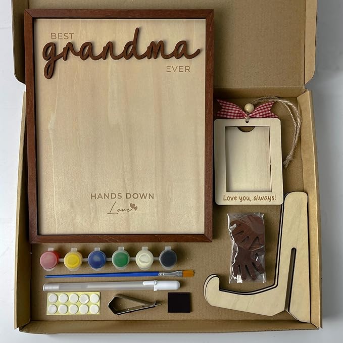 10" Hands Down Best Grandma Ever DIY Handprint Kids Frame with Paints, Car Picture Holder, Photo Ornament, Fridge Magnet, Art Craft Family Keepsake Birthday Gift Father's Day for Nana, Grammy HF620