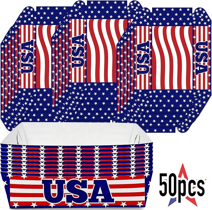 American Flag Paper Food Trays | (50 Pcs) Disposable USA Flag Concession Snack Tray | Patriotic Baskets for Nachos, Chips, Candy | 4th of July Party Decorations | Red, White and Blue Boat