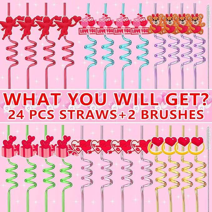 Valentine’s-Day-Engagement-Wedding-Bachelorette-Party-Decoration-Supplies-Crazy-Straws-24PCS Reusable Party Drinking Straws for Valentine V-DAY Party Favors Bridal Shower Decor Bride to Be Gift