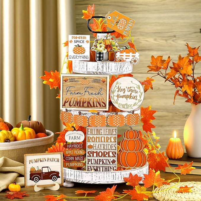 14 Pcs Thanksgiving Tiered Tray Decor Fall Thanksgiving Pumpkin Wooden Decorations Set Rustic Farmhouse Truck Spice Blocks Autumn Wooden Sign for Winter Halloween