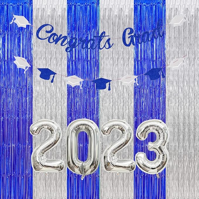Graduation Backdrop Curtain 2026, Blue Silver Party Decorations Metallic Tinsel Foil Fringe Curtains Photo Booth Streamer Background for Birthday Wedding Party Christmas Decor(3 Pack)