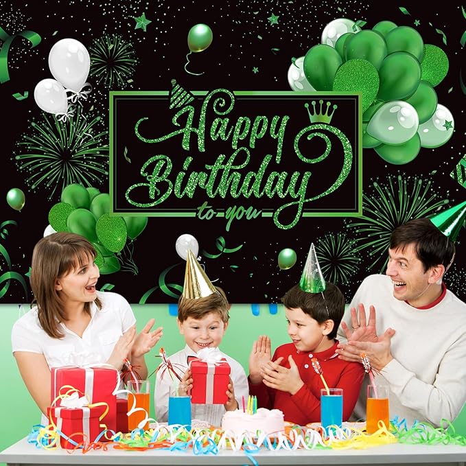 Blulu Happy Birthday Backdrop Banner Sign Poster Large Fabric Glitter Balloon Fireworks Sign Photo Backdrop Background for Birthday Party Decoration Supplies, 72.8 x 43.3in(Green)