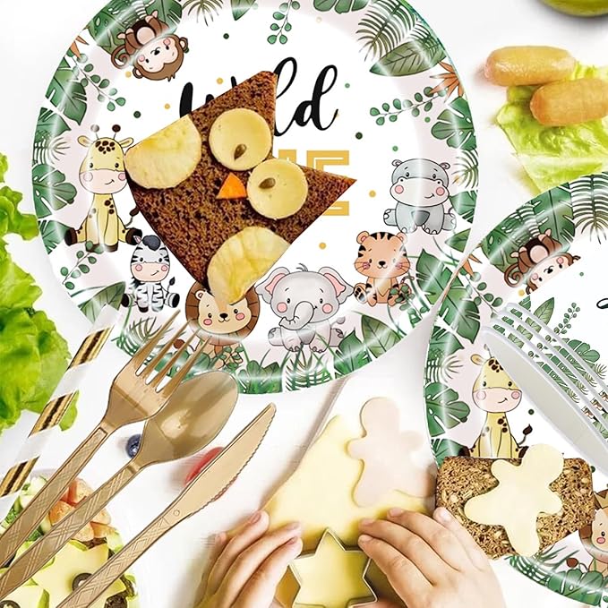 Wild One Birthday Decorations 202 Pcs for 25 Guests, Jungle Safari Theme Party Supplies with Animal Plates Napkins Cutlery Tablecloth Banner, Baby Shower or Boys 1st Birthday Party