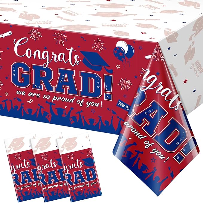 3 Pack Graduation Tablecloth Party Decorations, Class of 2026 Congrats Grad Plastic Tablecover Party Supplies, Red and Blue Rectangle Graduation Table Decor for College High School Party, 54 x 108Inch